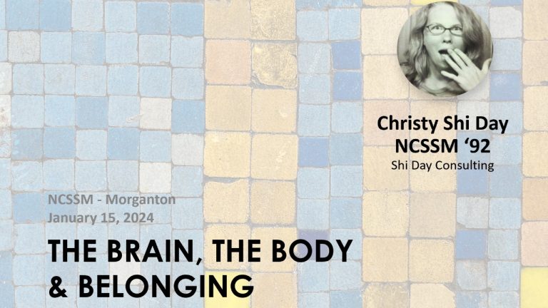 A PowerPoint title slide for a presentation titled "The Brain, The Body & Belonging." On the right side, there's a circular black and white photo of a woman, Christy Shi Day, with a surprised expression. Her name, alma mater (North Carolina School of Science and Math, class of 1992), and consulting firm (Shi Day Consulting) are listed beneath the photo. In the bottom left corner, there's text indicating the presentation's location and date. The background of the slide is a pattern of square tiles in various shades of blue, beige, and tan.